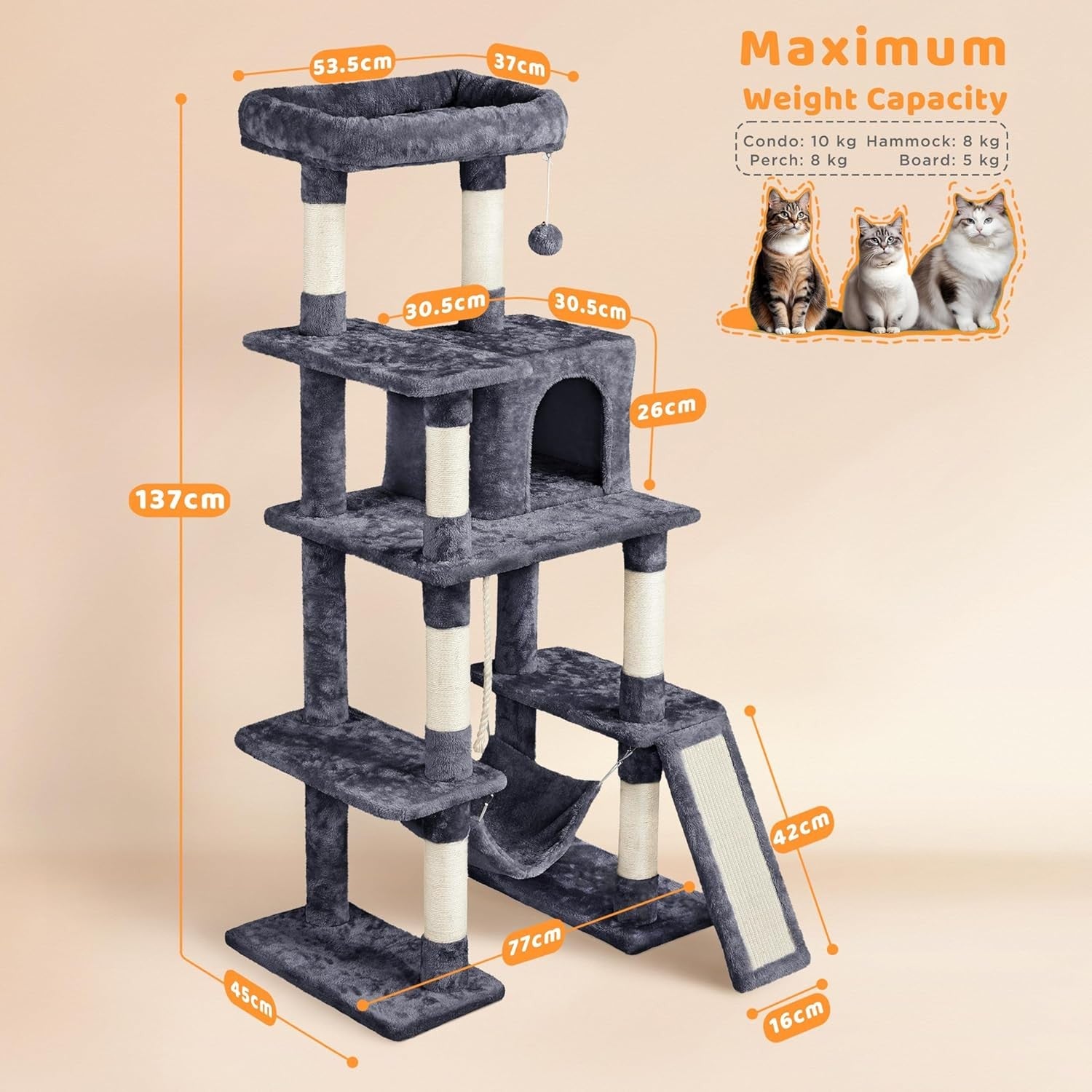 Large Cat Tree 137cm Multi Level Tower Condo Hammock Scratching Posts