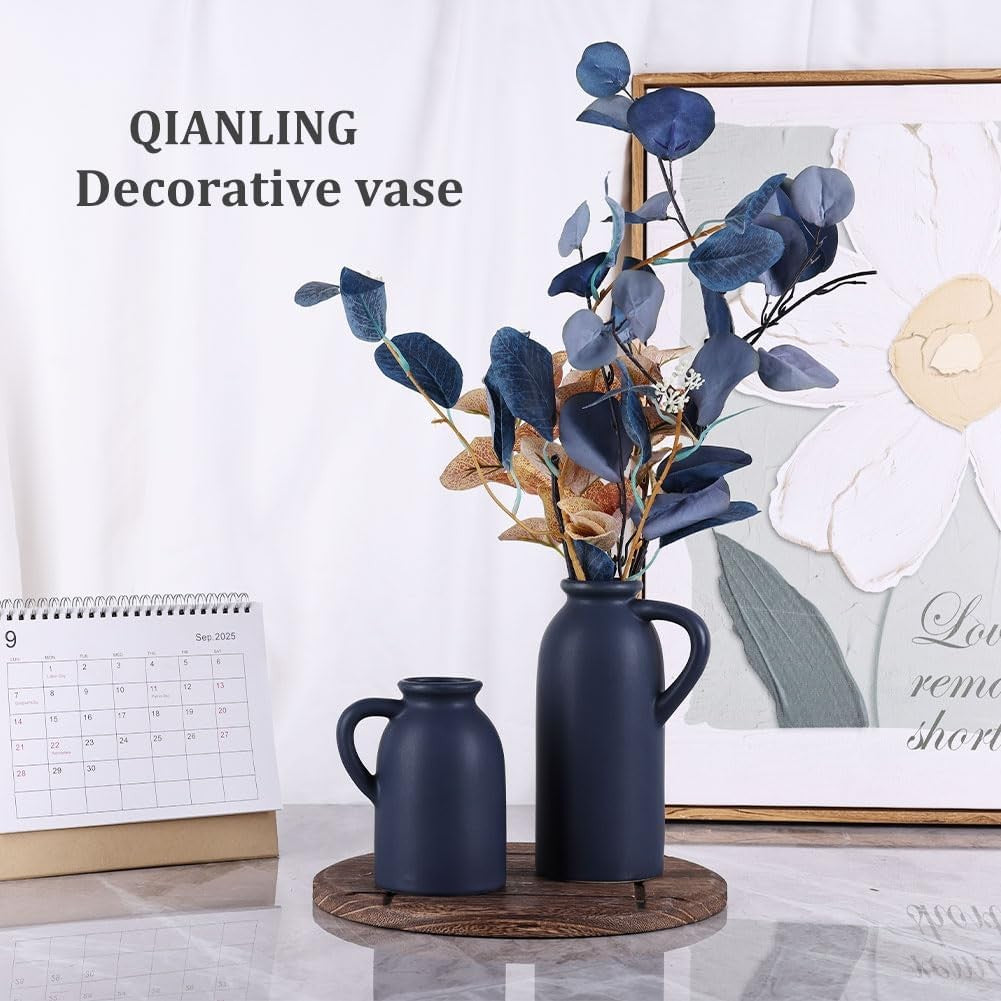 Blue Ceramic Vase Set of 3 Matte Jug Vases Farmhouse Table Home Decor