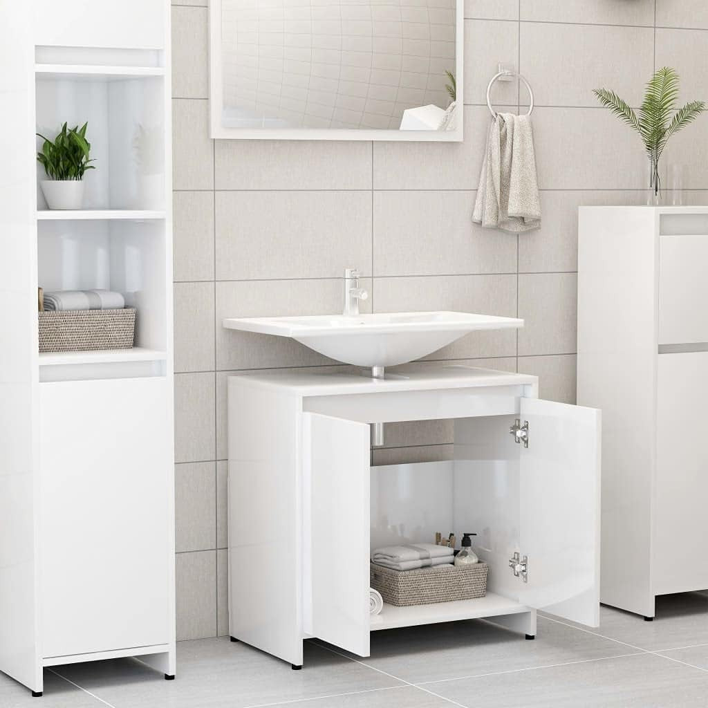 White Gloss Bathroom Sink Cabinet – 2 Door Under Sink Storage Unit 60x61cm