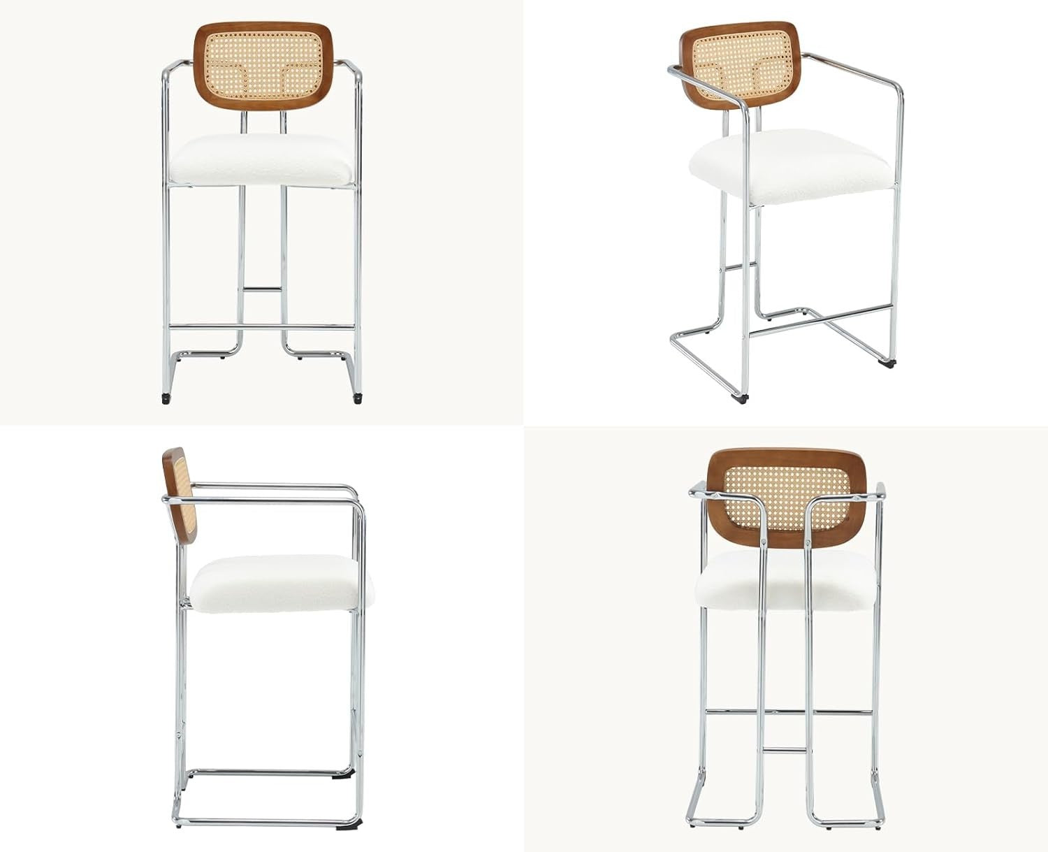 Bar Stools Set of 2 White Faux Fur Rattan Back Counter Chairs