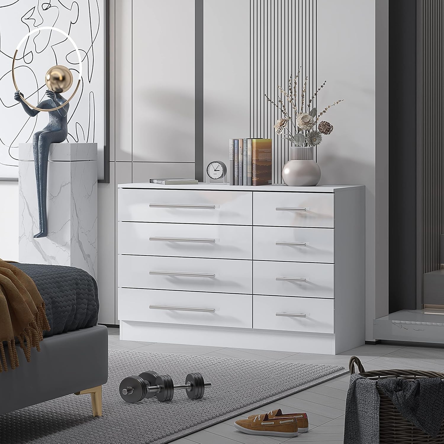 8 Drawer White High Gloss Chest of Drawers Modern Bedroom Storage Cabinet