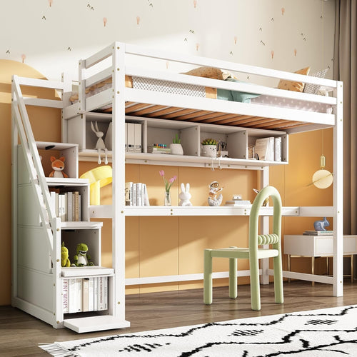 Kids Loft Bunk Bed with Storage Stairs & Desk, Solid Pine Wood 242x174cm