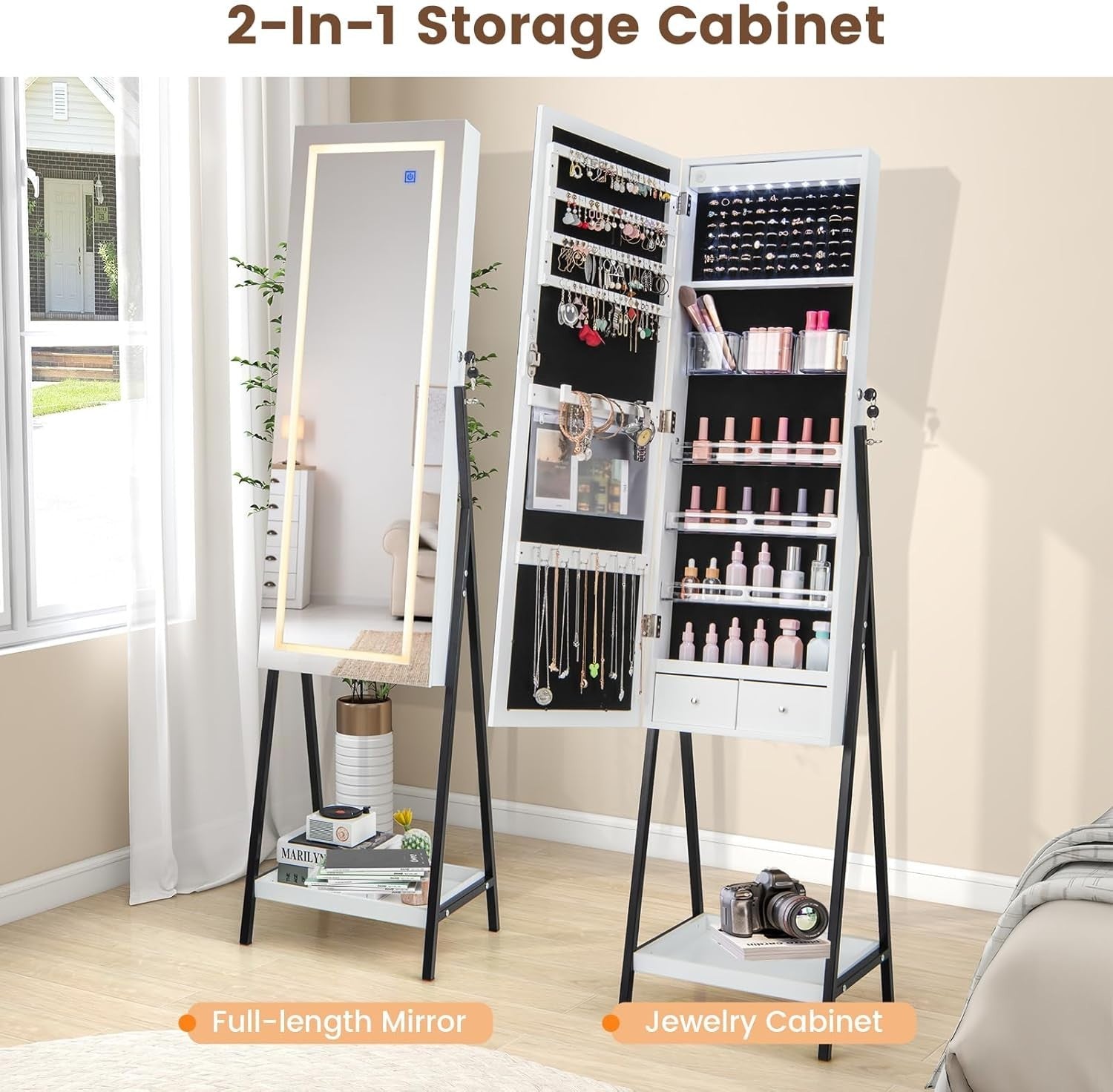 White LED Jewellery Cabinet Lockable Full Length Mirror Storage
