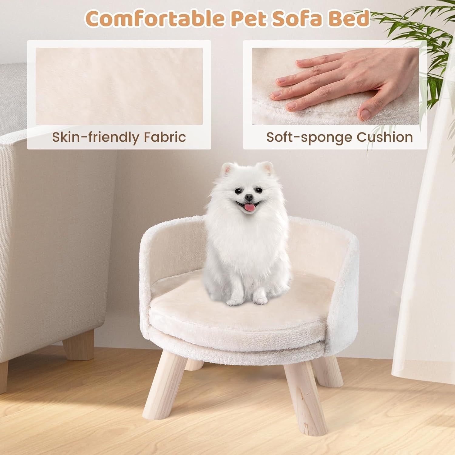 Elevated Dog Cat Sofa Bed Plush Pet Lounge Chair w Wood Legs Beige