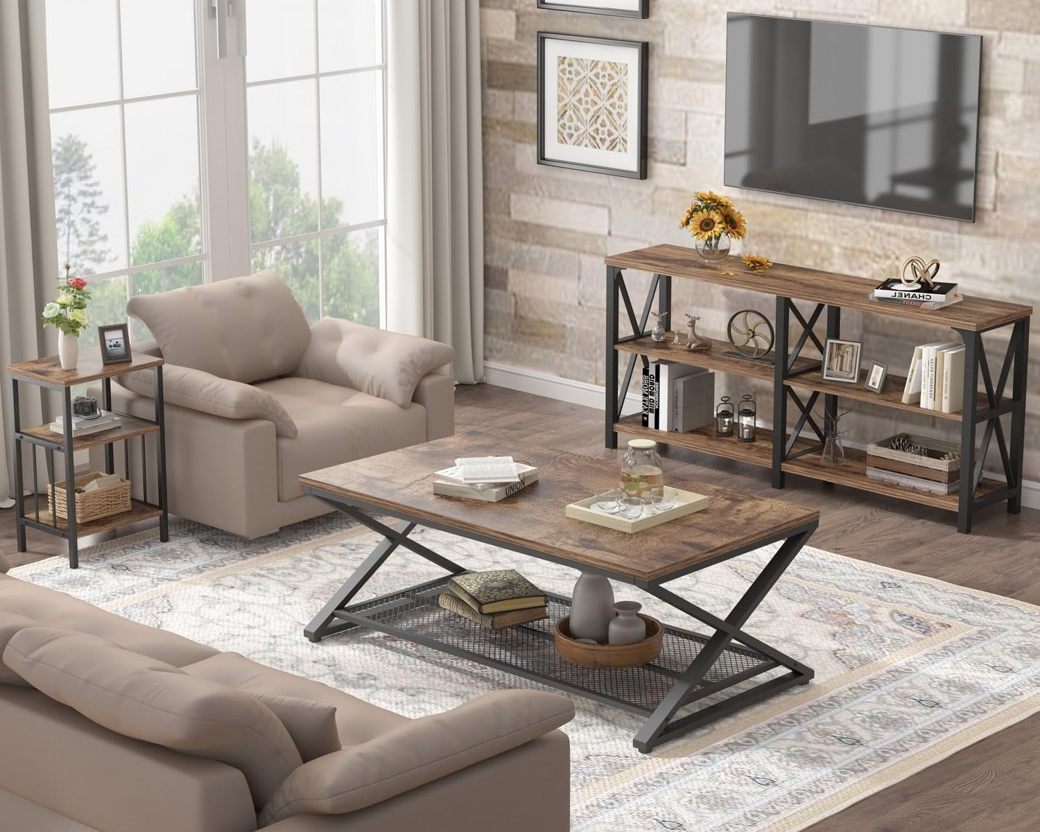 Rustic 2 Tier Coffee Table with Storage Shelf, Industrial Wood Metal Living Room
