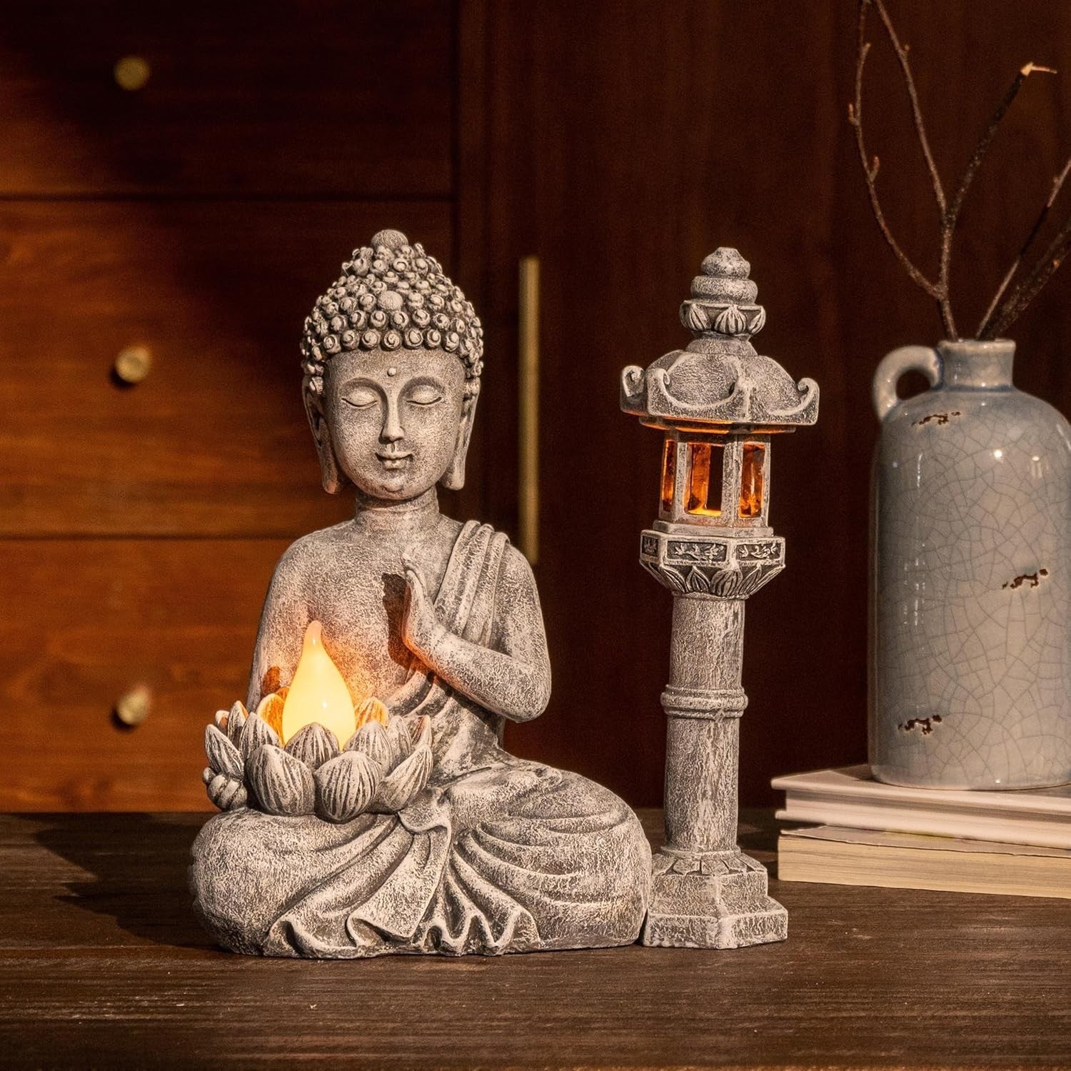 Meditating Buddha Statue with Solar Light Pagoda Set Outdoor Garden Decor Resin