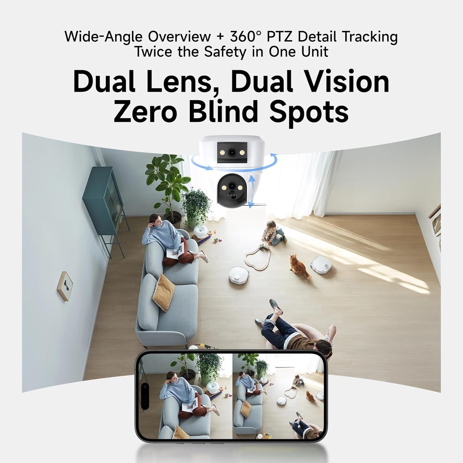 2K Dual Lens Indoor Security Camera 360° PTZ WiFi 6 Night Vision