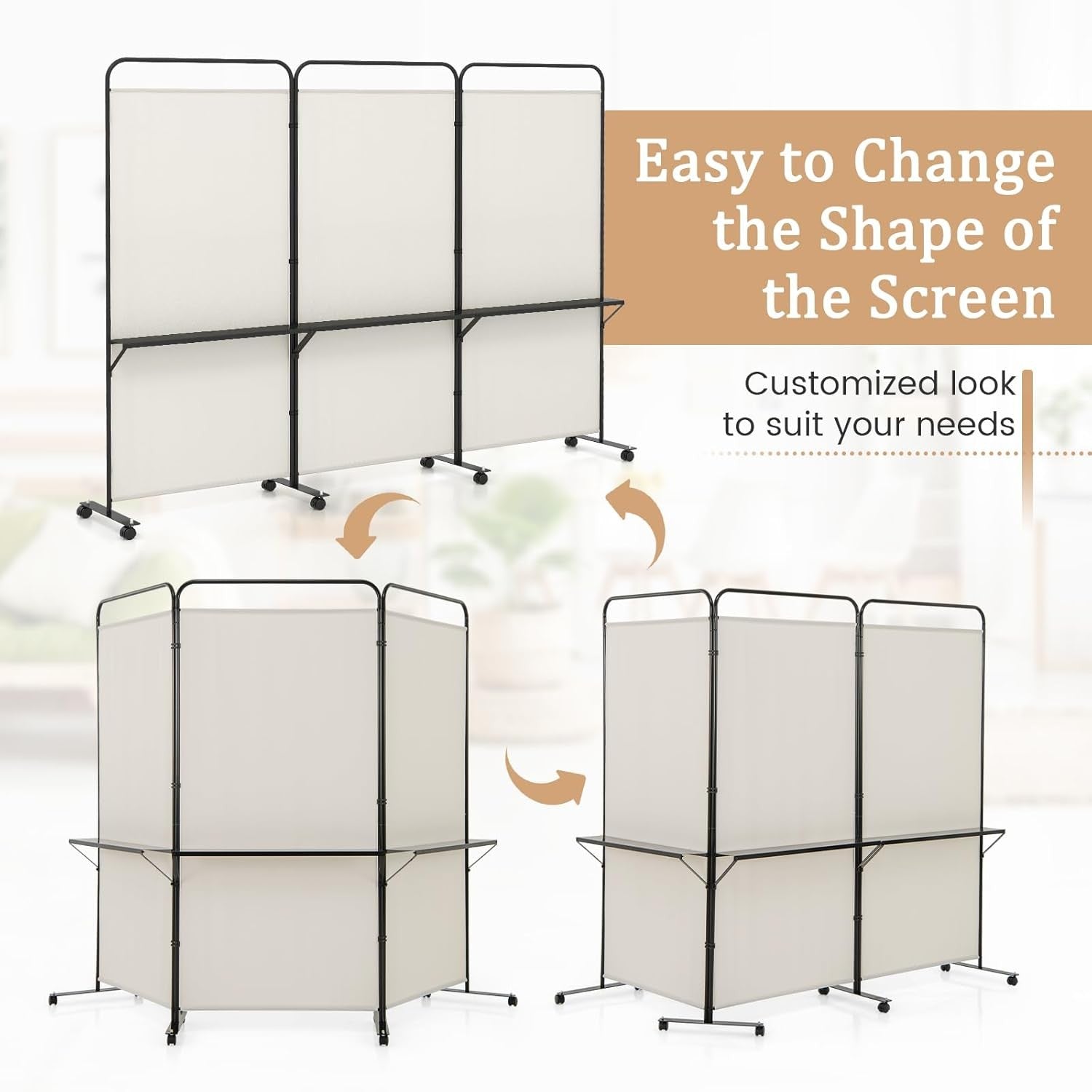 3 Panel White Folding Room Divider with Shelves & Wheels Privacy Screen 188cm