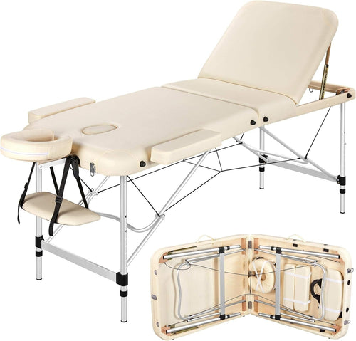 70cm 3-Section Portable Massage Table | Foldable Cream Lash Beauty Bed Aluminium