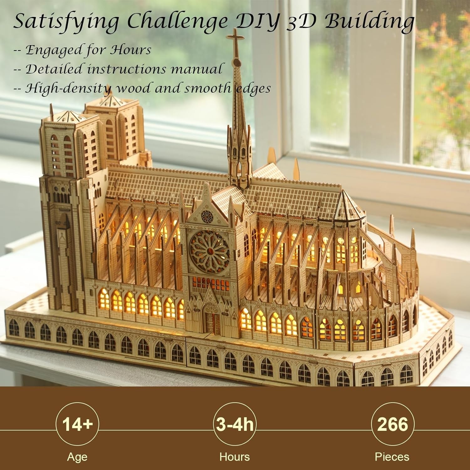 3D Wooden Notre Dame Puzzle with LED Light, DIY Architectural Model Kit