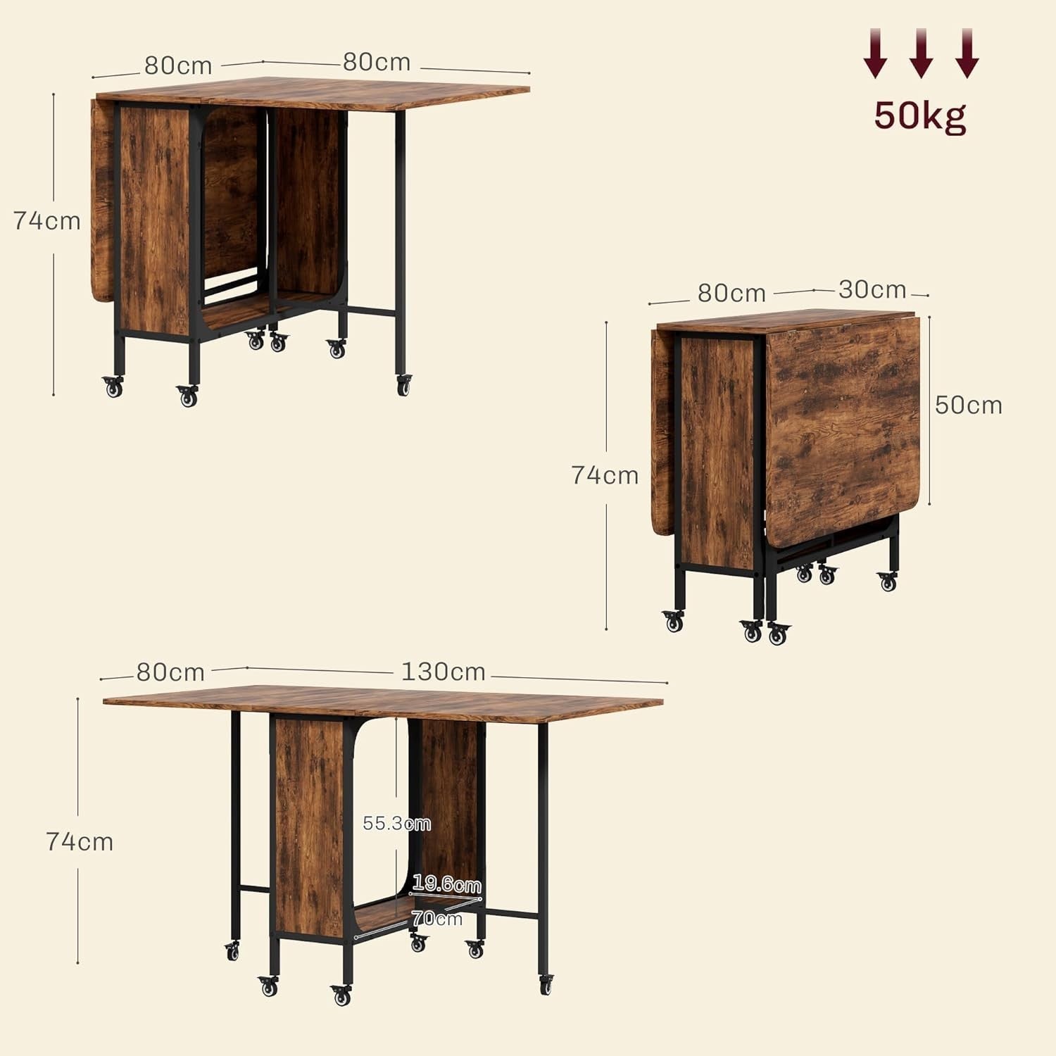 Rustic Folding Dining Table on Wheels with Shelf Drop Leaf Space Saver