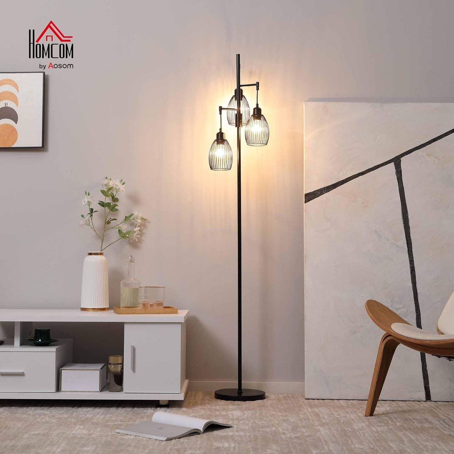 Industrial 3 Light Floor Lamp Dimmable Steel Cage Standing Lamp Black