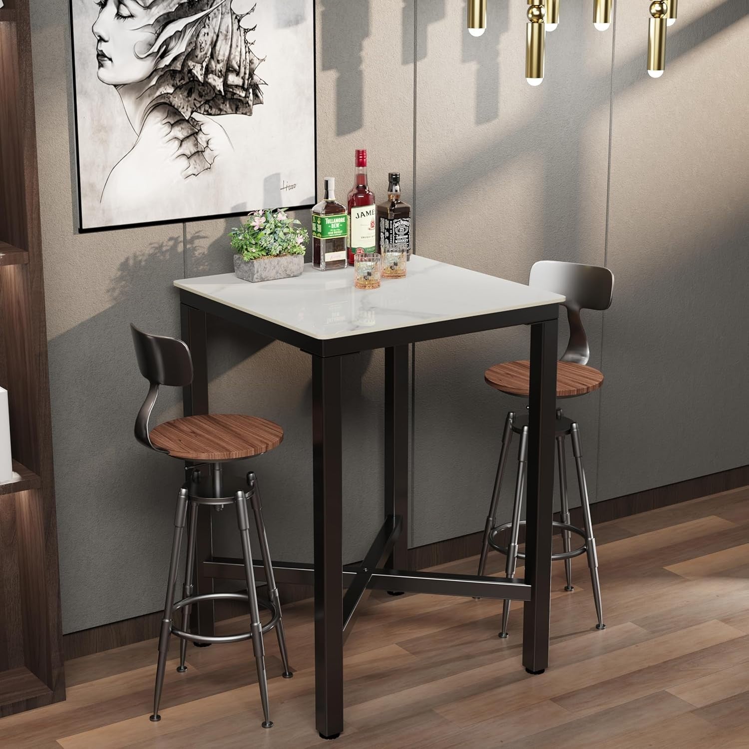 Sintered Stone Square Bar Table 70×70cm Glossy White Marble Effect 105cm High