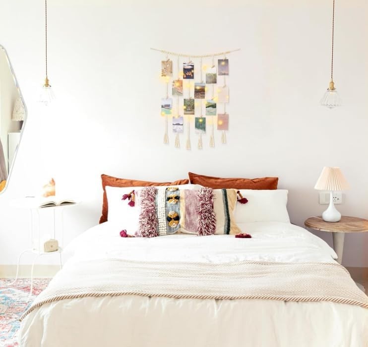 Boho Macrame Photo Display with Fairy Lights 30 Clips White