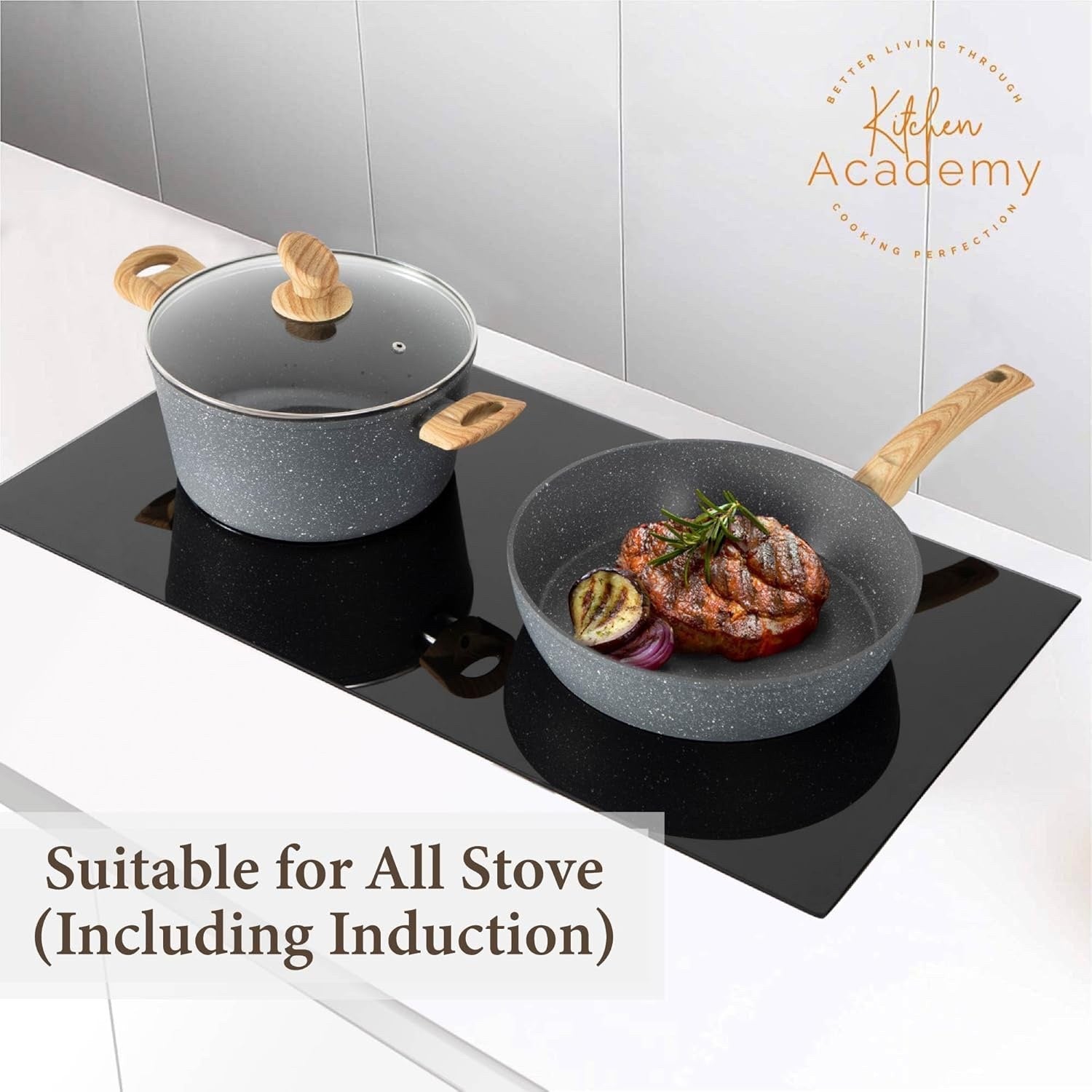12pcs Grey Granite Induction Cookware Set Non Stick Pans Pots with Glass Lids