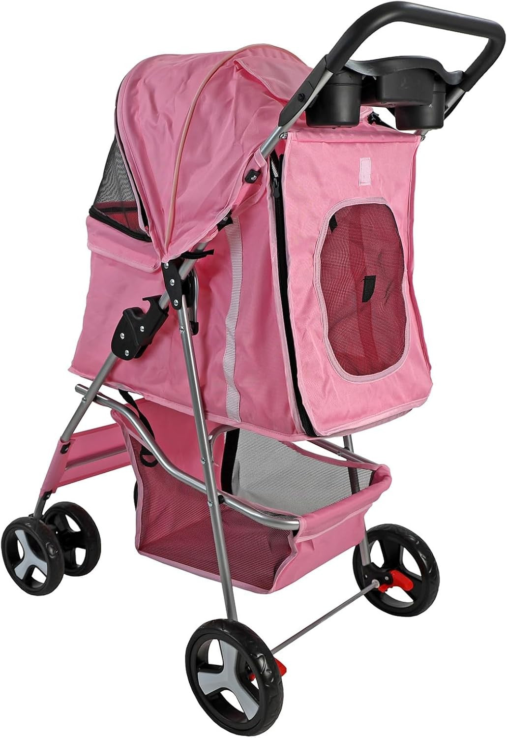Pet Travel Stroller Dog Cat Pushchair Foldable Swivel Wheels 15kg Pink