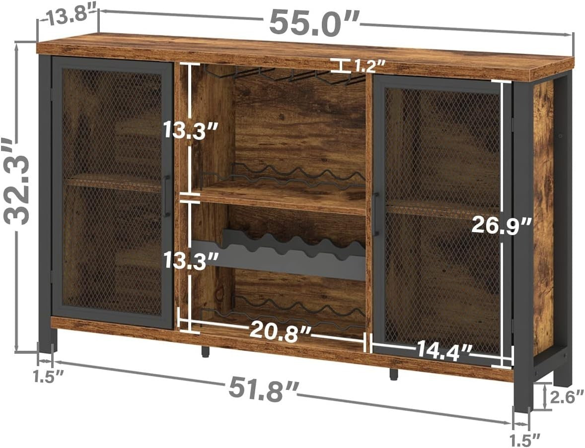 Rustic Farmhouse Wine Bar Cabinet Sideboard with Wine Rack & Glass Storage 140cm