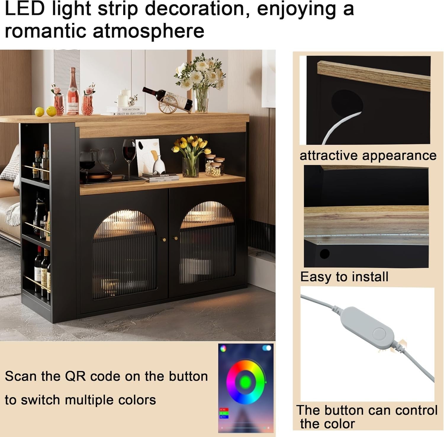 LED Kitchen Island Bar Table w/ 360° Swivel, Glass Doors & Storage 193cm