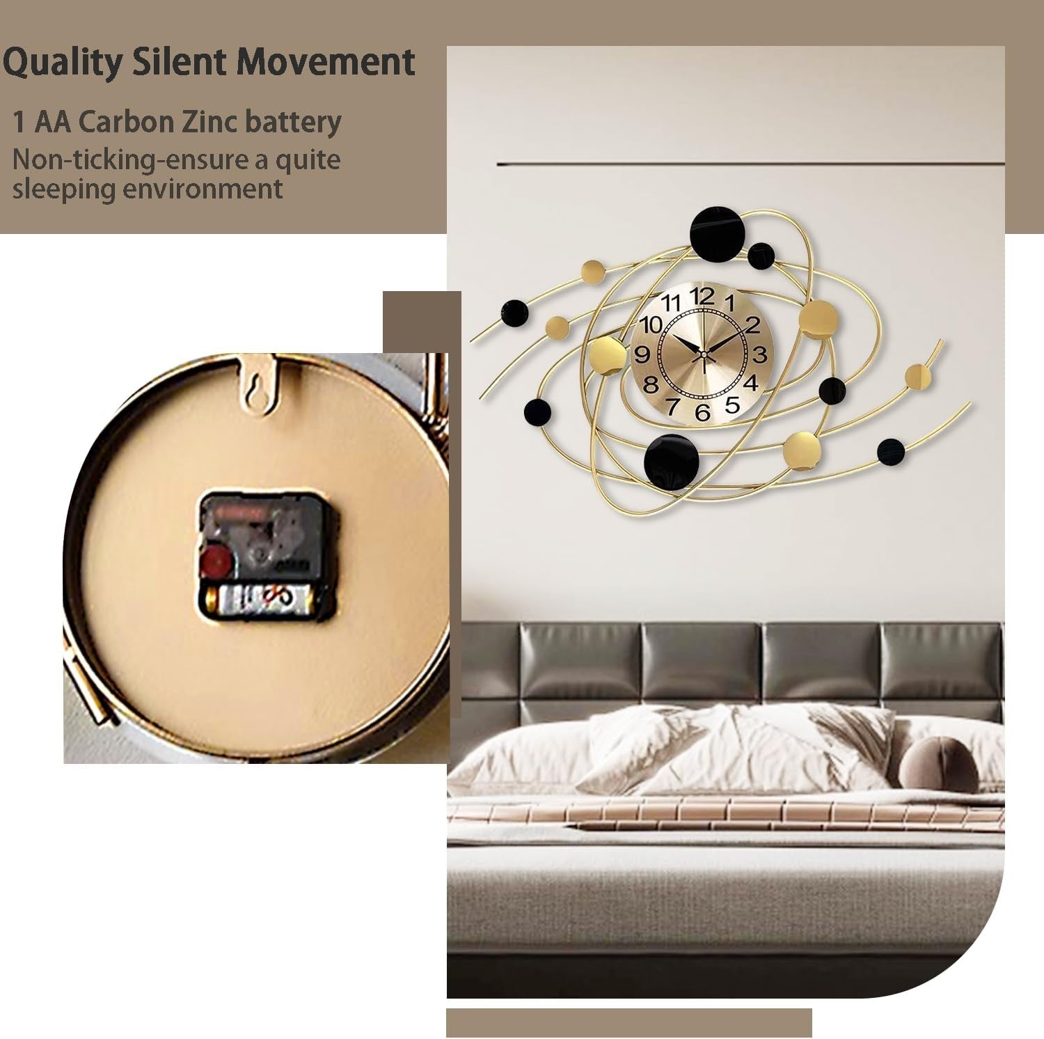 Large Silent Wall Clock Gold Art Deco Modern Home Decor 28.7" Oversized