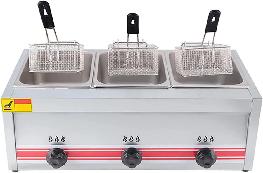 Triple Tank LPG Gas Deep Fryer 30L Stainless Steel Countertop