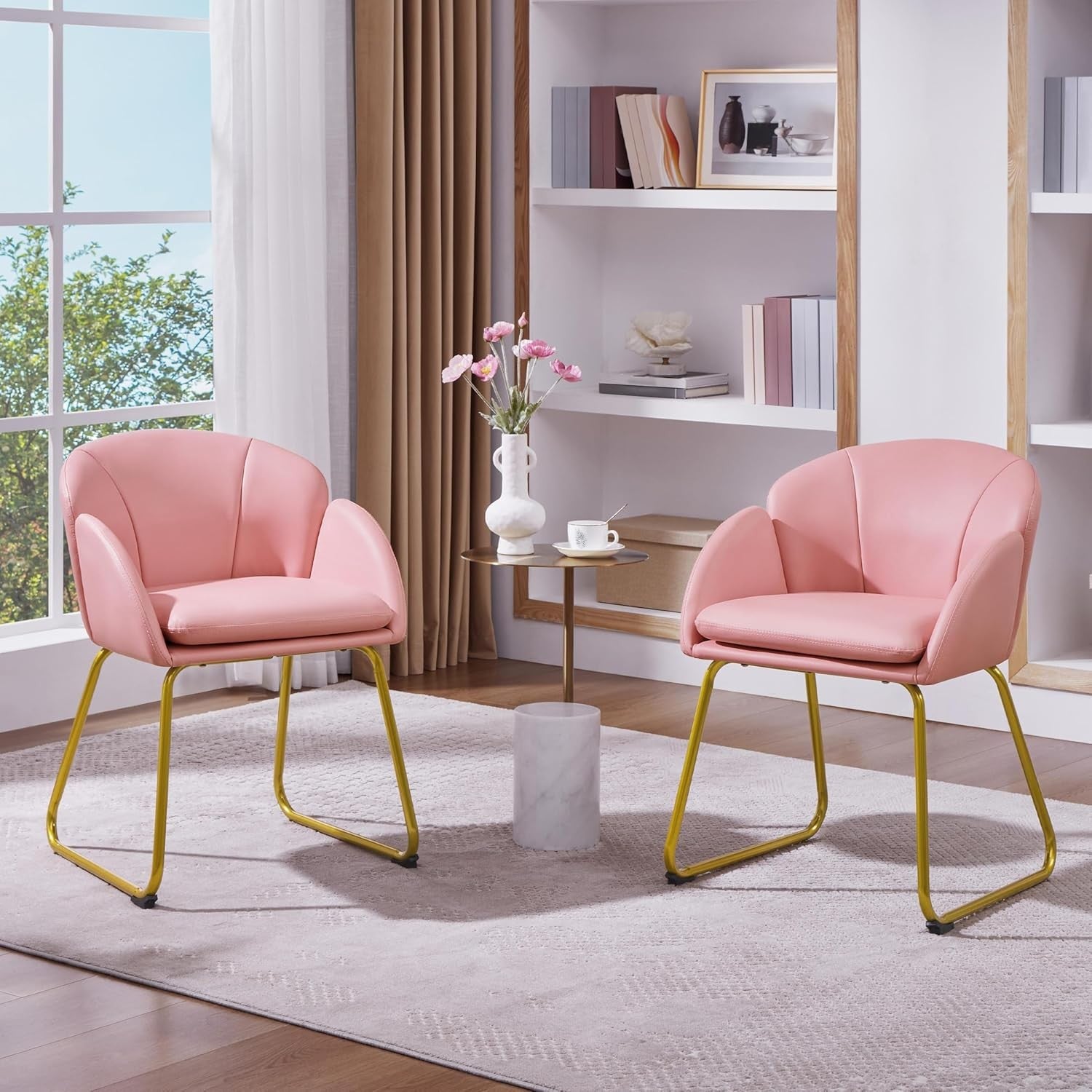 Pink PU Leather Vanity Accent Chair Gold Metal Legs Modern Tub Seat
