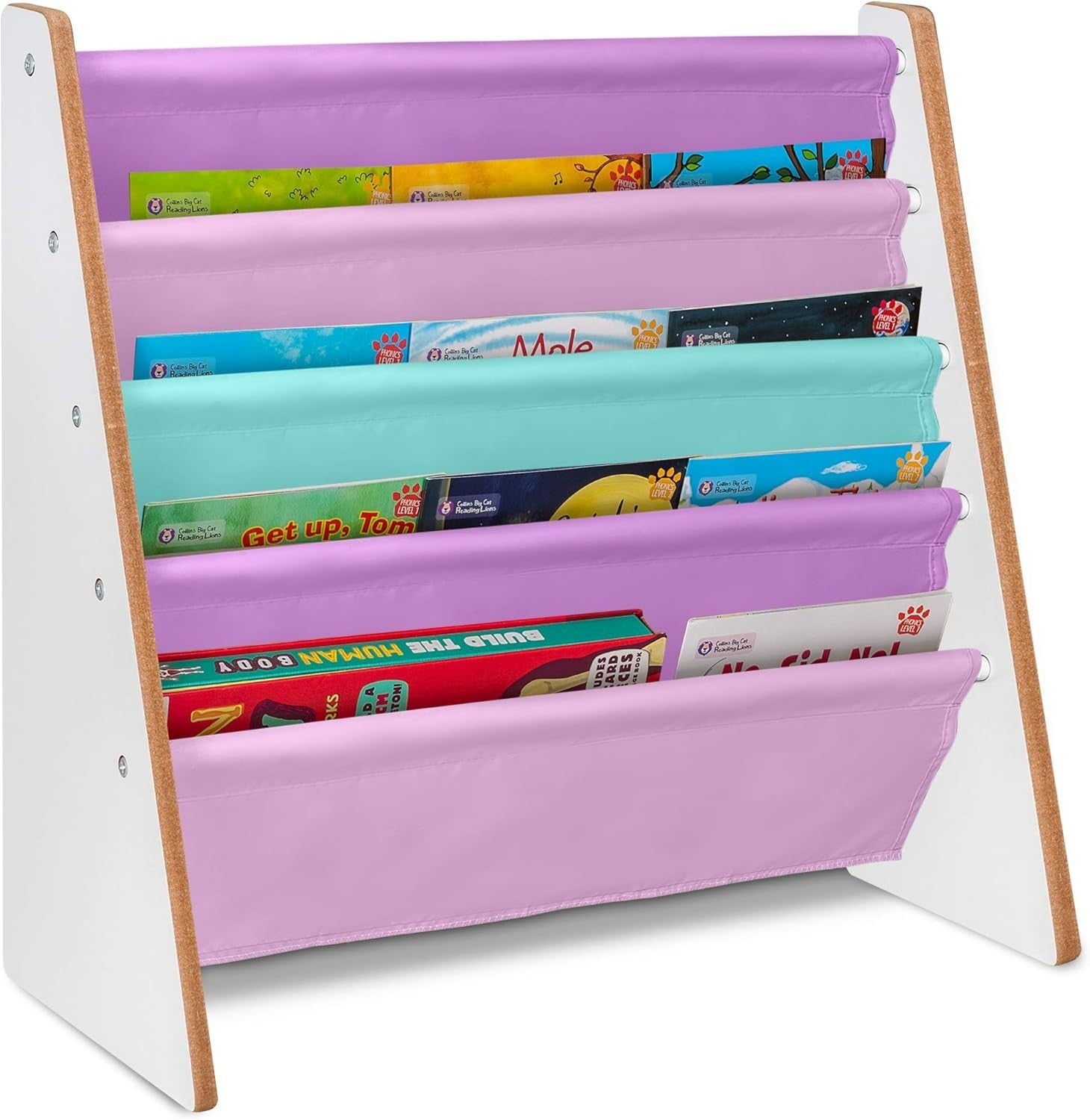 Kids Pink Sling Bookshelf – 4-Tier Wooden Storage with Soft Fabric Shelves