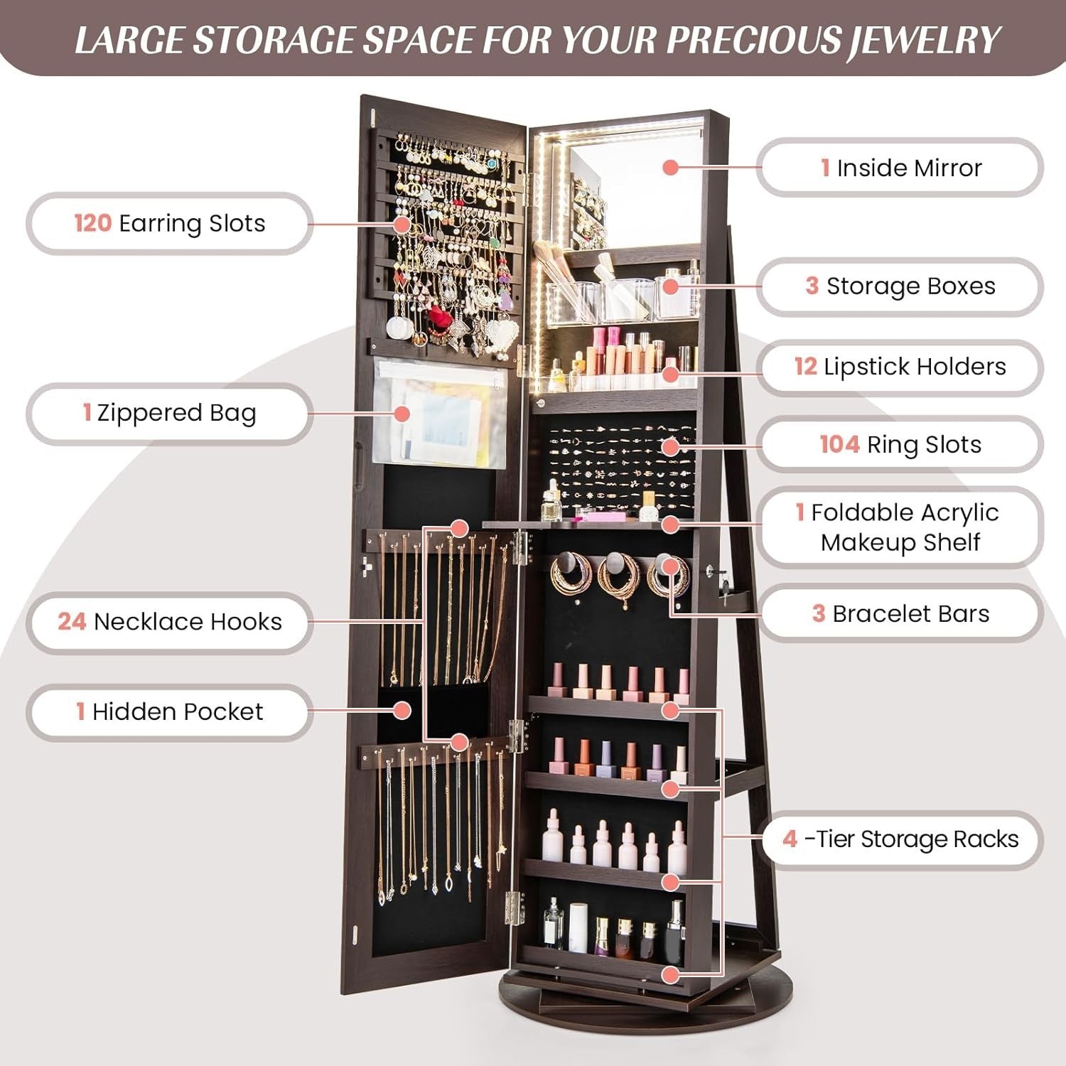 360° Swivel Jewelry Armoire Lockable Full Length Mirror LED Storage