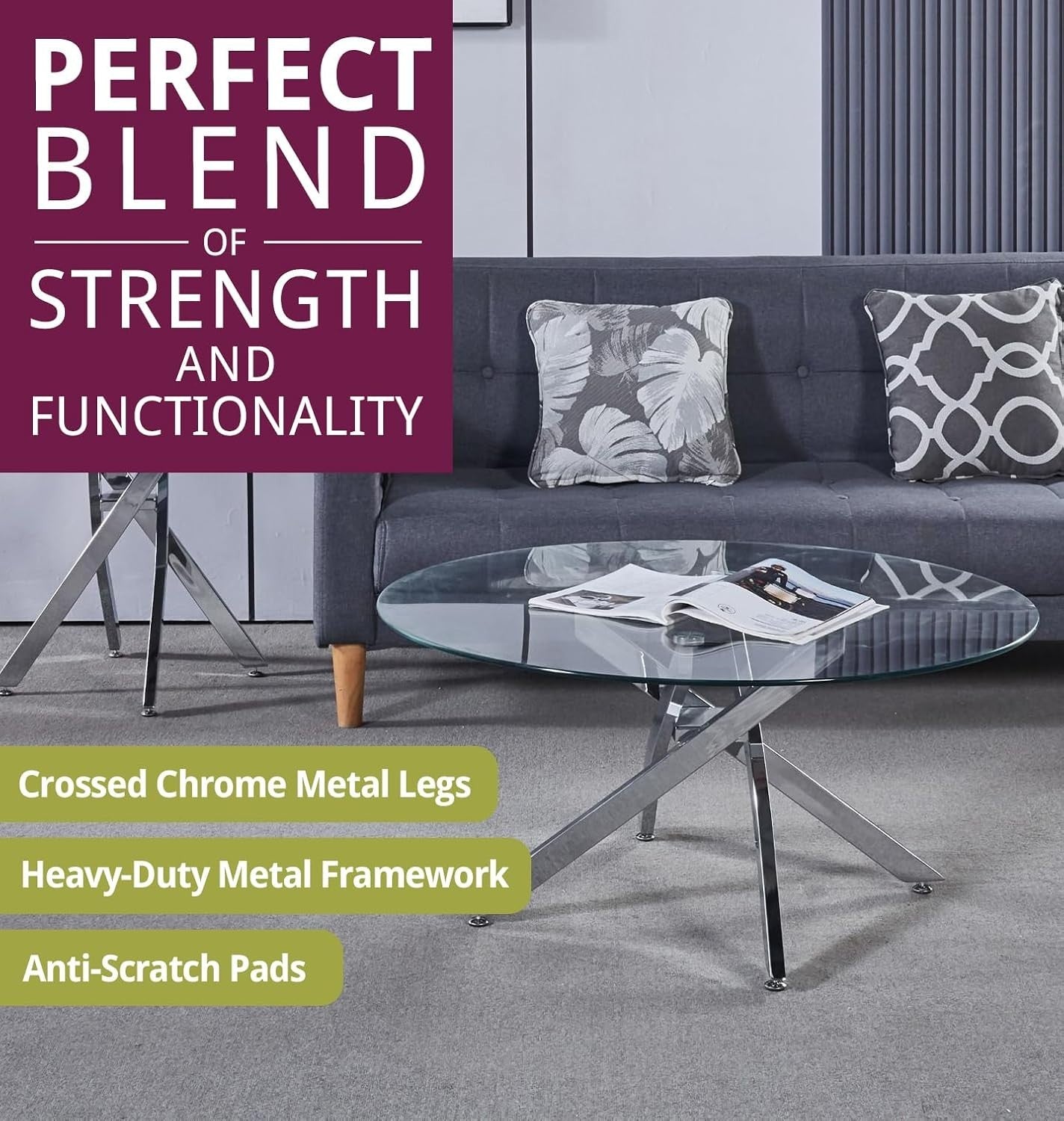 Modern Round Glass Coffee Table with Chrome Legs – Compact 90x43cm