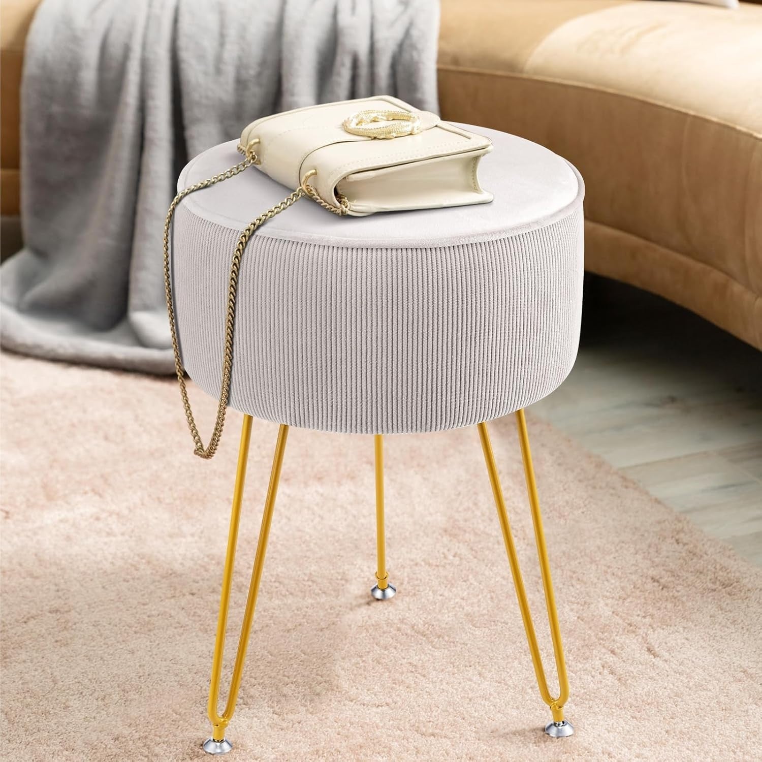 White Round Vanity Stool with Metal Legs – Padded Dressing Table Chair