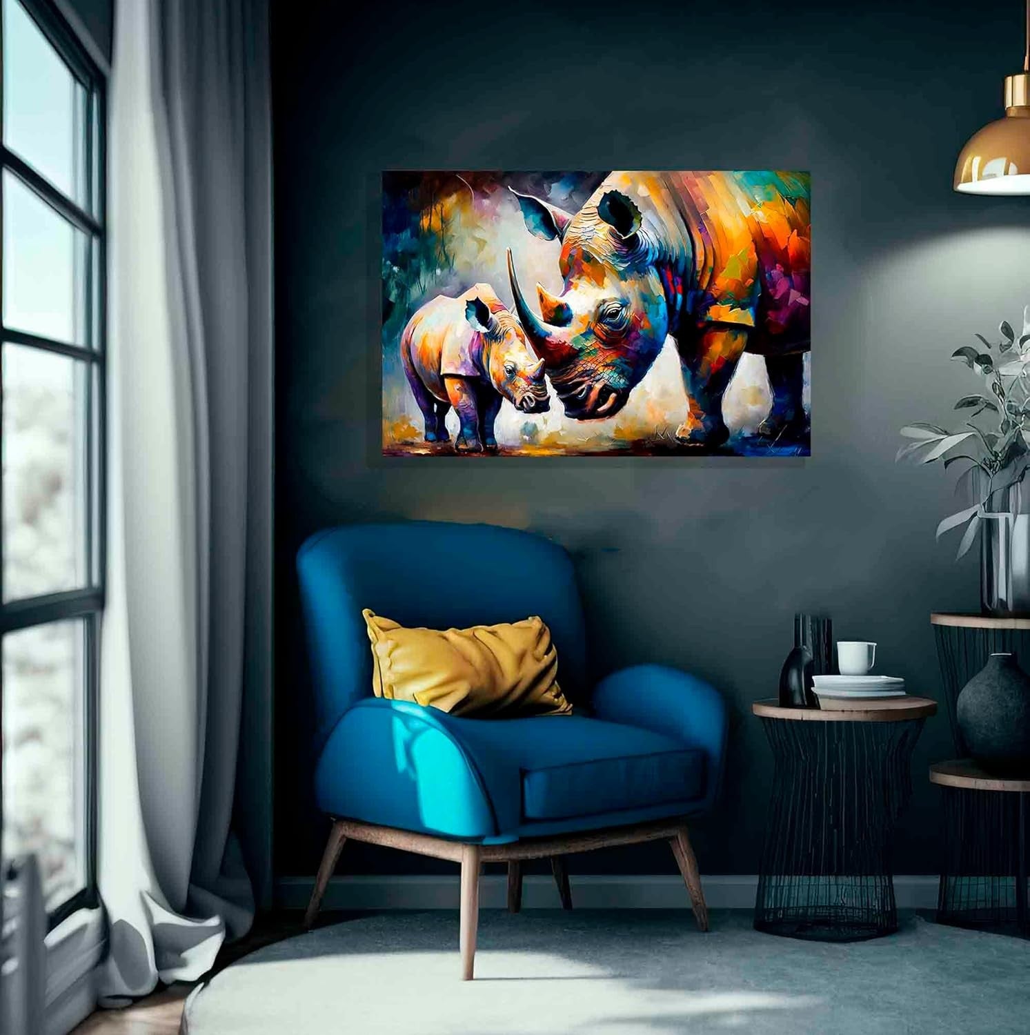 Loving Rhino Mum & Child Canvas Wall Art 40x30cm Abstract Decor