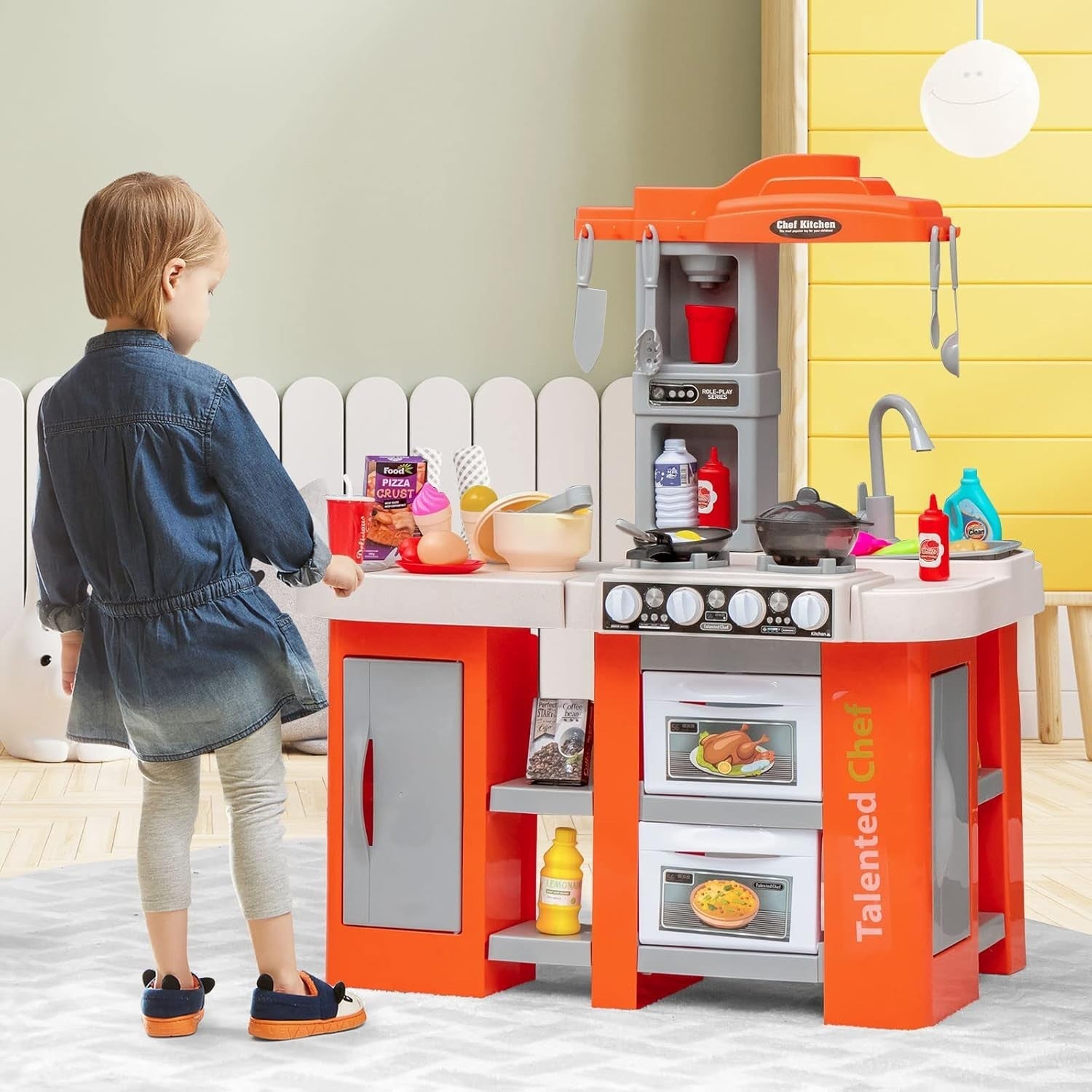 Kids Play Kitchen Orange w/ Lights Sounds Running Water Steam Set
