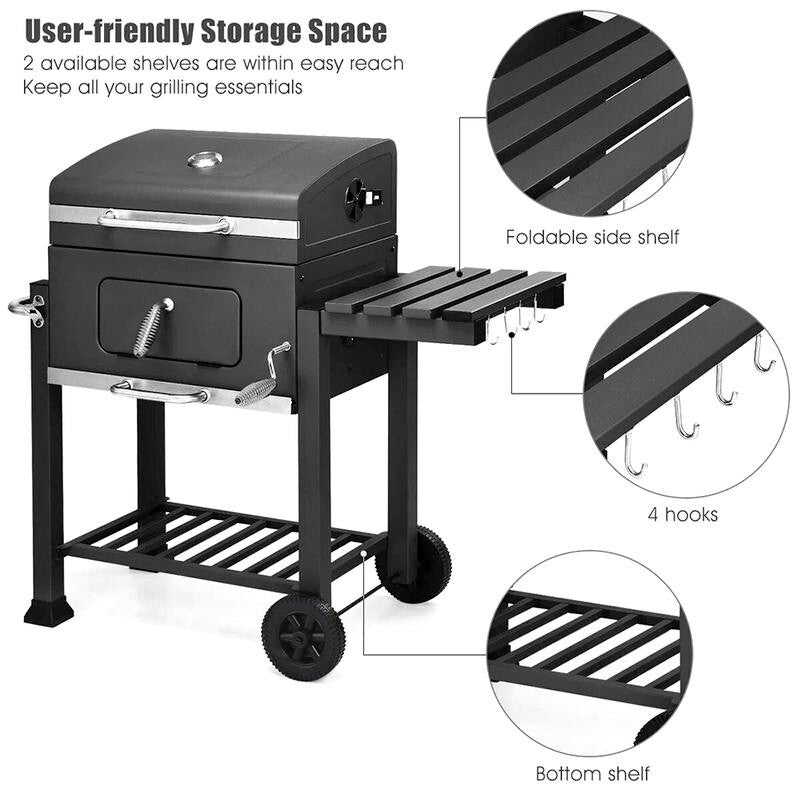 Outdoor Charcoal BBQ Grill with Wheels, Thermometer & Side Racks – 113cm