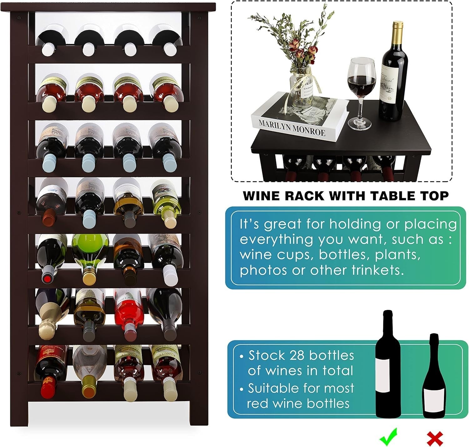 28 Bottle Wine Rack Freestanding Bamboo Shelf Storage 7 Tier Stand