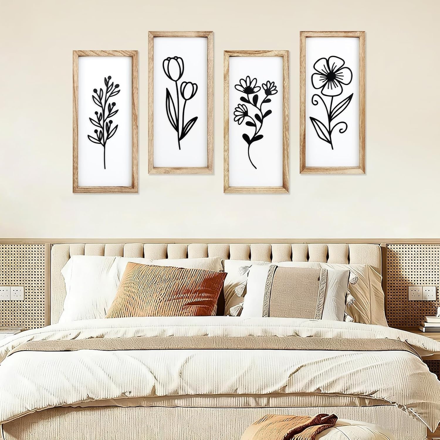 Large 3D Wooden Floral Wall Art Set of 4 Boho Frame Decor for Living Room
