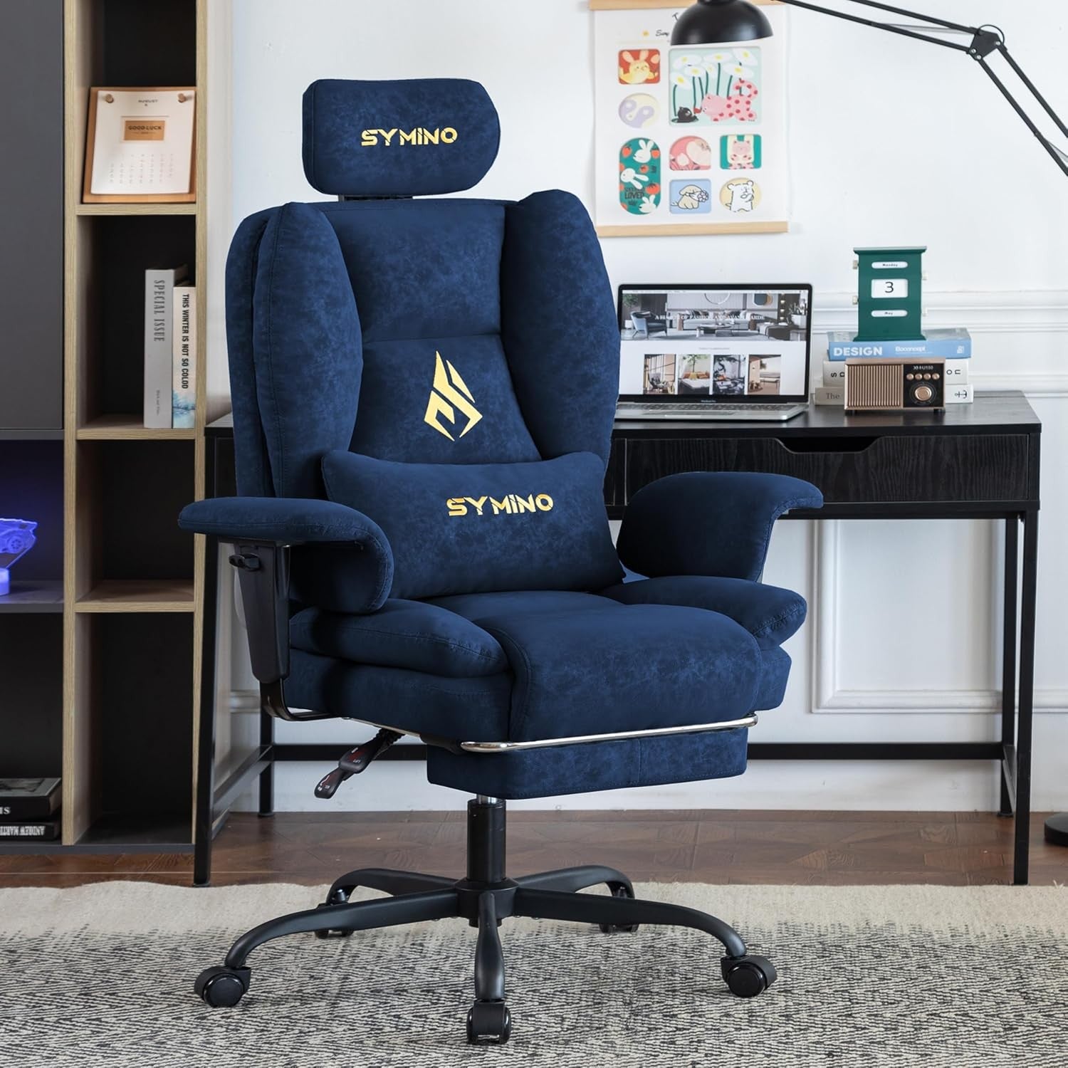 Ergonomic Gaming Chair w/ Footrest Pocket Spring PU Leather Blue