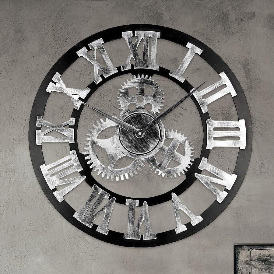 60cm Silver Roman Numeral Wall Clock Large Open Face Vintage Wood Metal Decor