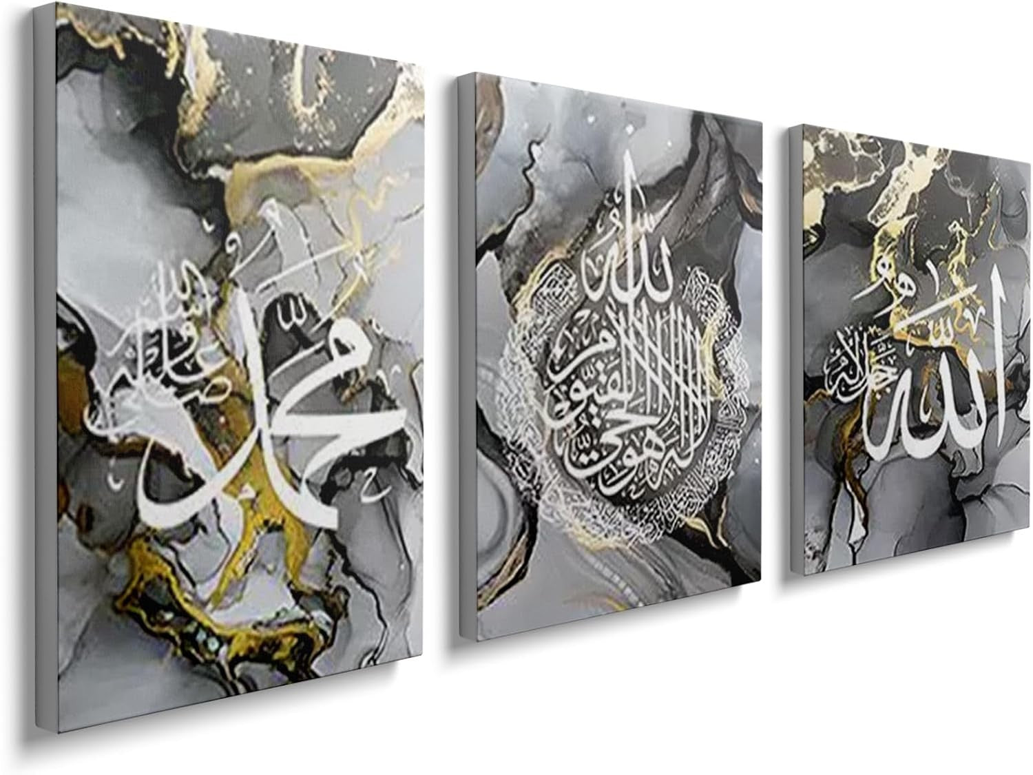 Islamic Wall Art Set of 3 Framed Canvas 30x40cm Grey Marble