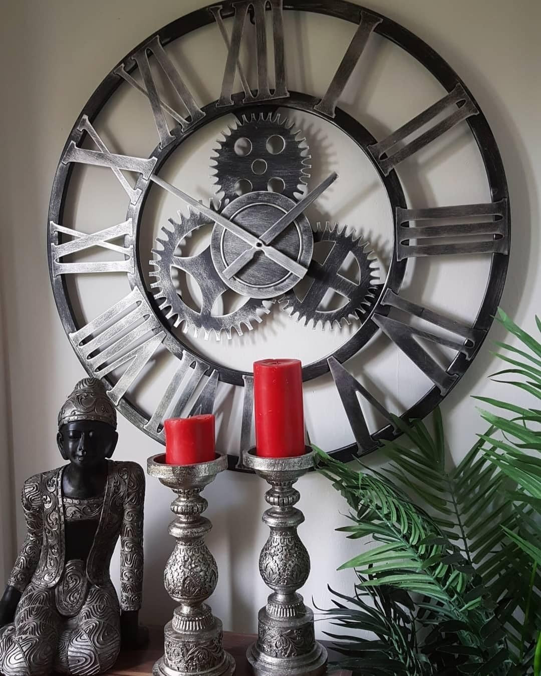 76cm Industrial Metal Gear Wall Clock - Rustic Silver Skeleton Roman Numerals V