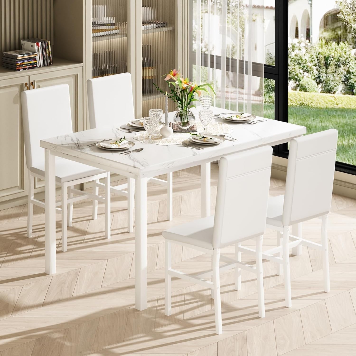 Modern Faux Marble Dining Table Set with 4 PU Leather Chairs - Compact & Stylish