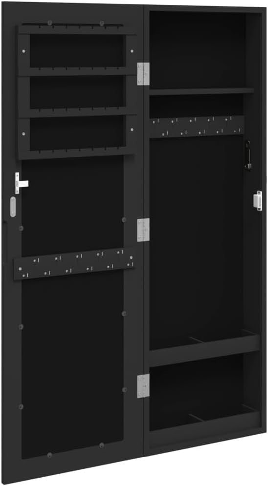 Slim Wall Mounted Jewelry Cabinet Mirror Lockable Vertical Storage Black