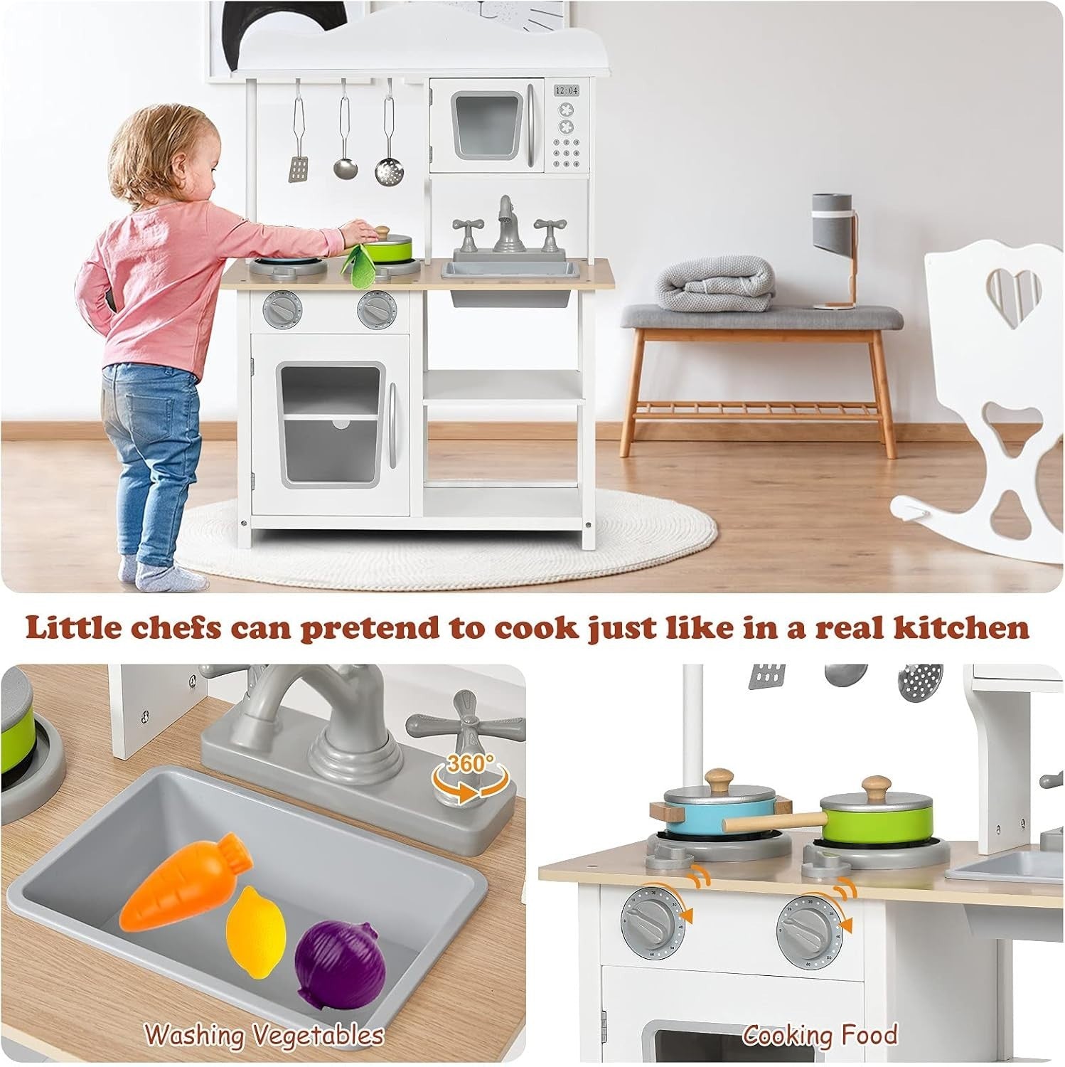 Wooden Kids Play Kitchen w/ Stove Oven Sink Accessories Toy Set