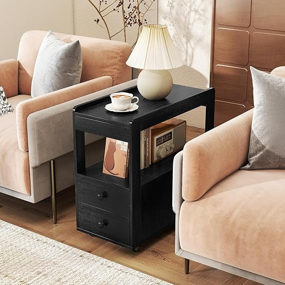 Narrow Bedside Table with Drawers & Shelves, Rolling 3-Tier Side Table Black
