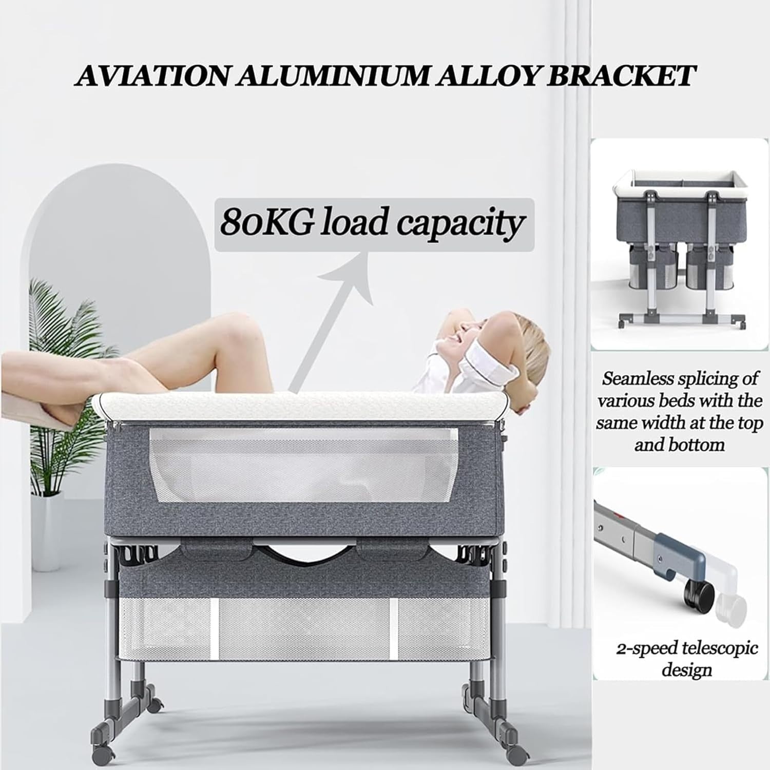 Twin Baby Crib Bassinet Adjustable Bedside Cot with Storage & Mattress Grey