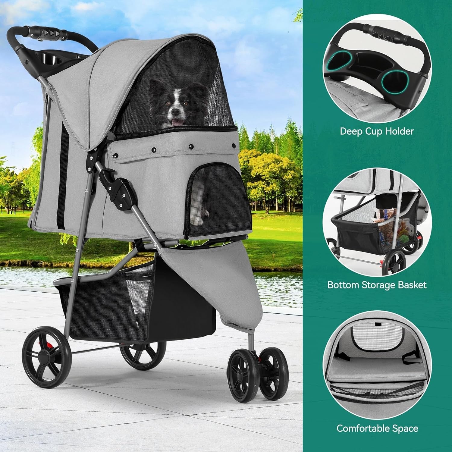 3 Wheel Dog Stroller Folding Pet Pram 15kg Mesh Windows Brakes Cup Holder