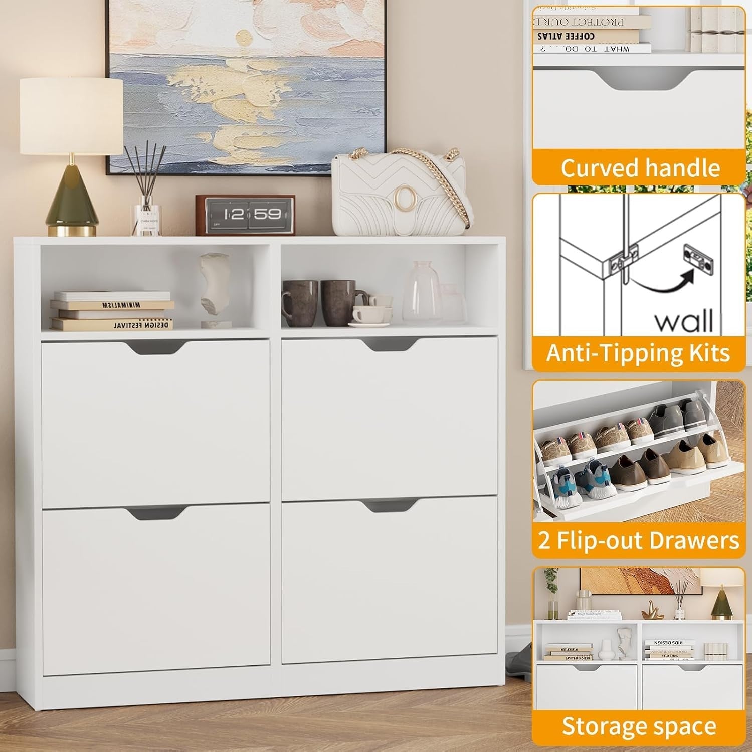 Modern White Shoe Storage Cabinet – 4 Flip Drawers, Adjustable Shelves