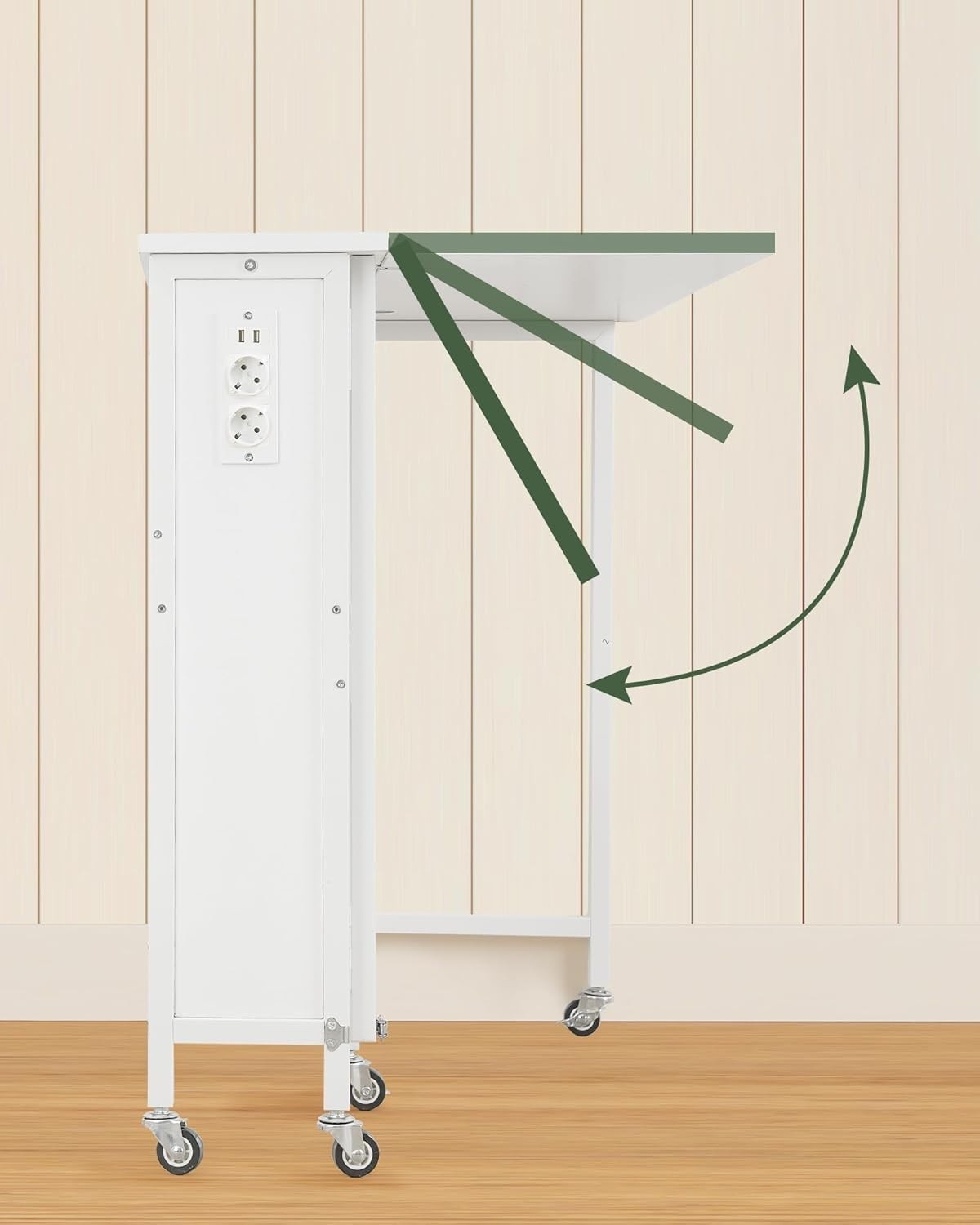 White Folding Computer Desk with Charging Ports & Wheels 80x50cm