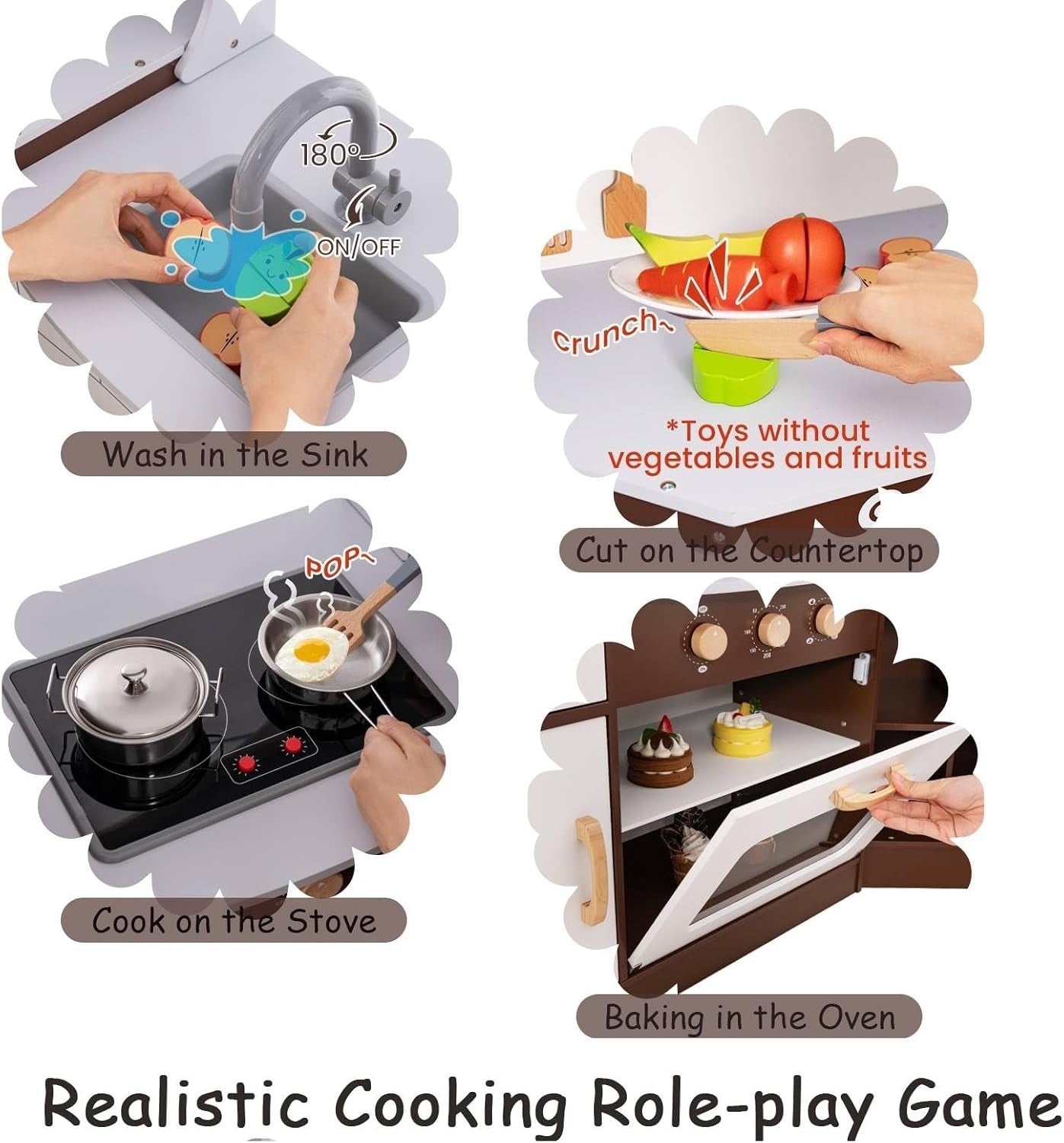 Kids Wooden Play Kitchen Light Sound Ice Dispenser Cooking Toy Brown