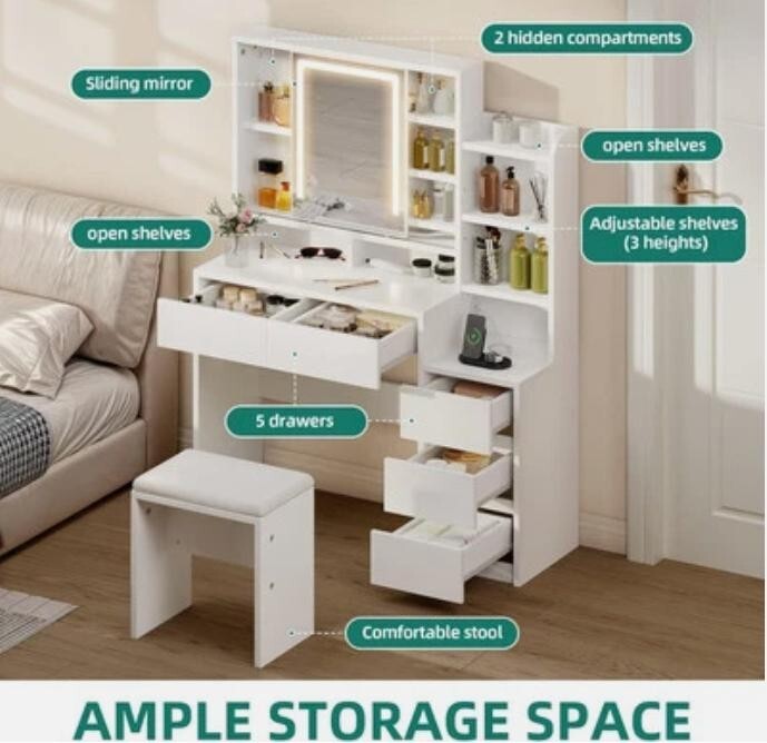 White Vanity Desk with LED Mirror & Stool – 5 Drawer Makeup Dressing Table
