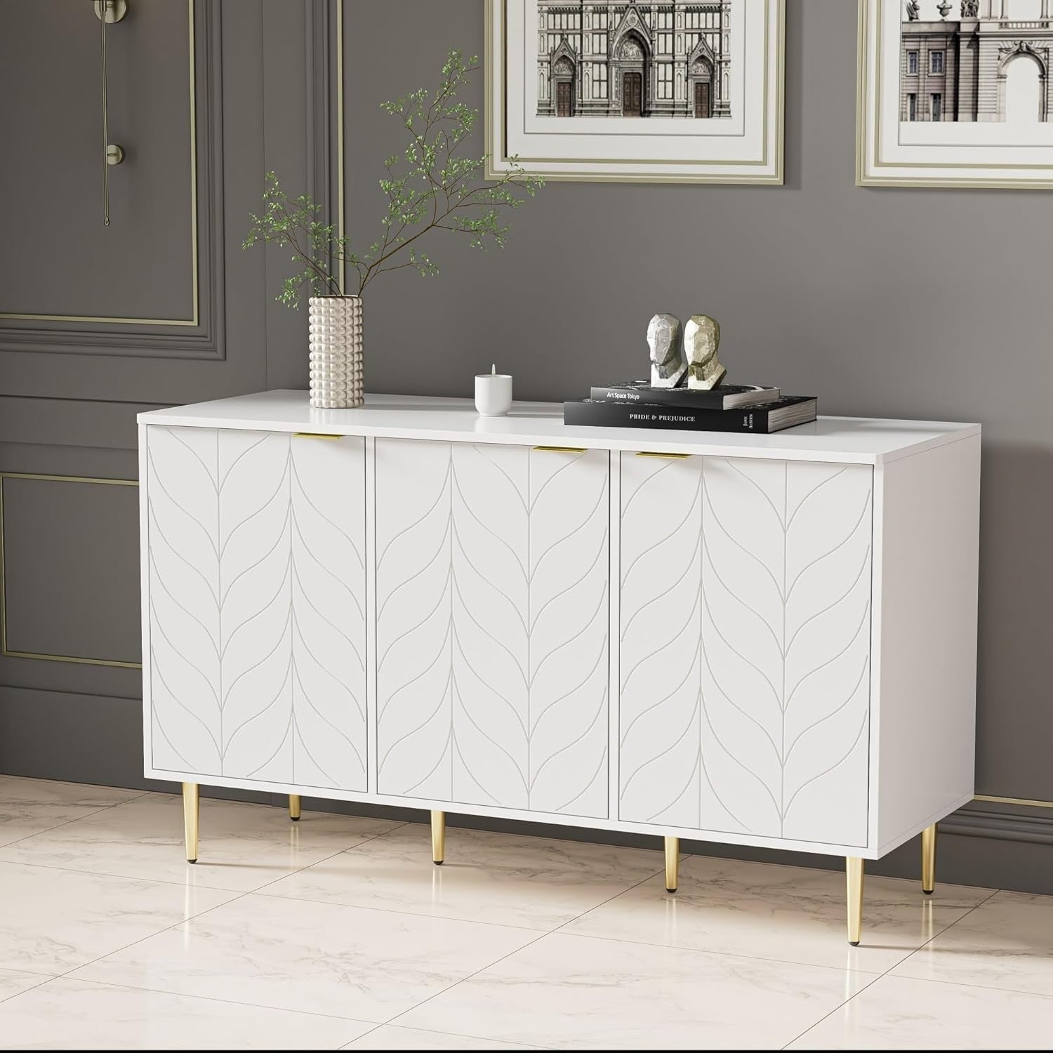 White Sideboard Cabinet 3 Doors Gold Legs Modern Storage Unit 127cm