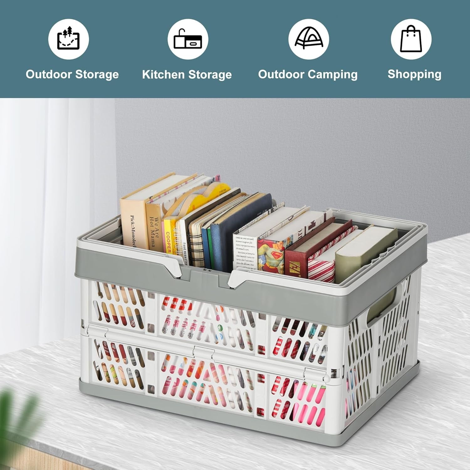 2 Pack 30L Folding Plastic Storage Crates Stackable Collapsible Grey